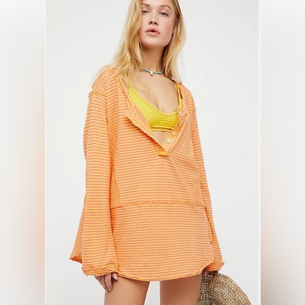 Free People Hong Kong Stripe Swing Henley T Shirt Top Orange SZ M